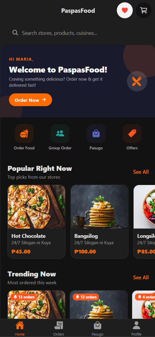 PaspasFood Home Screen